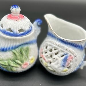 🦢🌸Rare 1920’sVintage Porcelain Swan Creamer & Sugar Bowl Set Openwork Pastel🌸🦢